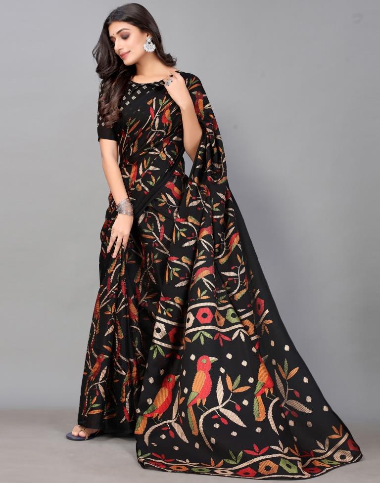 Black Printed Cotton Saree