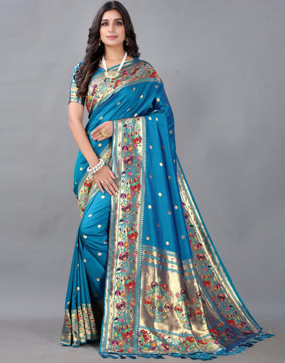 Peacock Blue And Golden Silk Saree | Sudathi