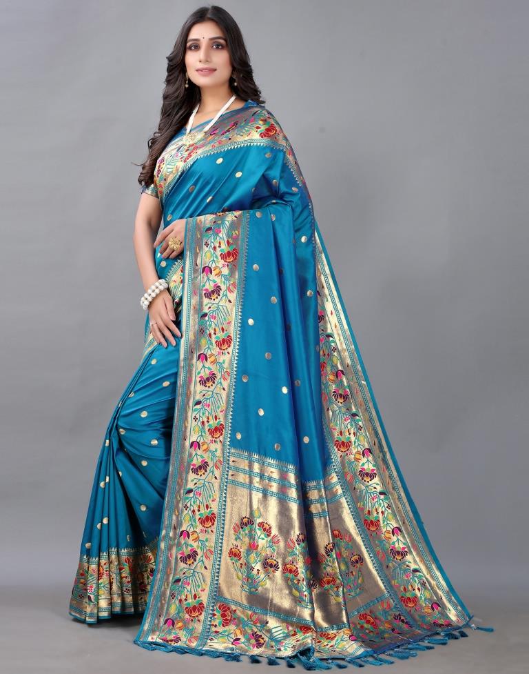 Peacock Blue And Golden Silk Saree | Sudathi