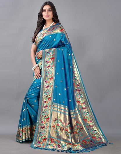 Peacock Blue And Golden Silk Saree | Sudathi