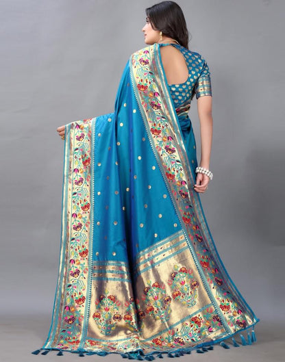 Peacock Blue And Golden Silk Saree | Sudathi
