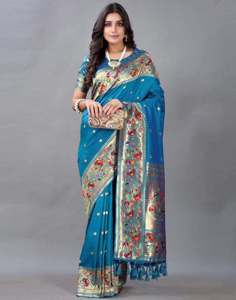 Peacock Blue And Golden Silk Saree | Sudathi