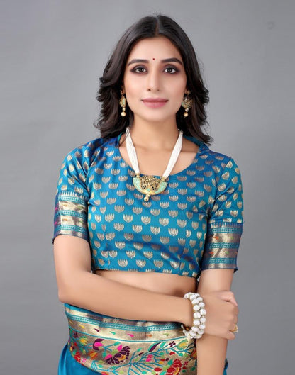 Peacock Blue And Golden Silk Saree | Sudathi