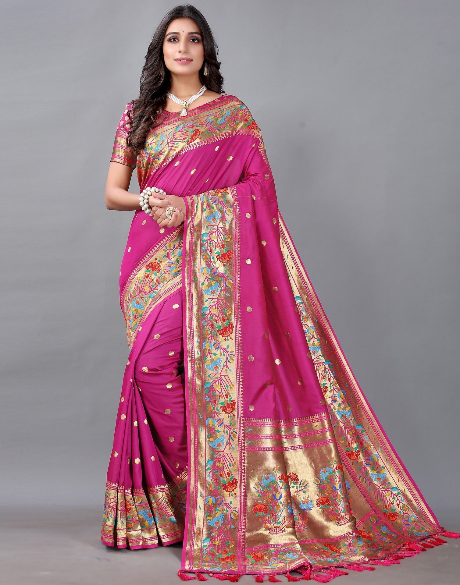 Rani Pink And Golden Silk Saree | Sudathi