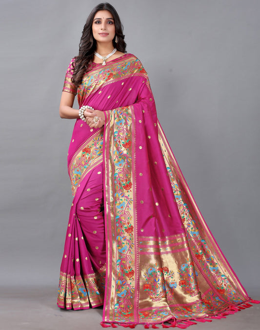 Rani Pink And Golden Silk Saree | Sudathi
