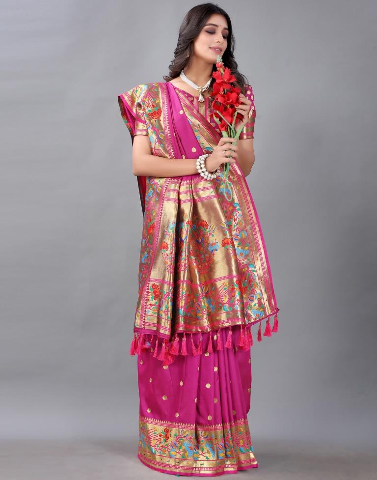 Rani Pink And Golden Silk Saree | Sudathi