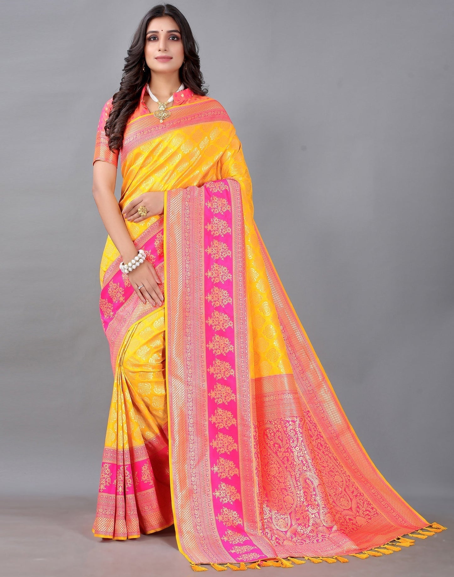Turmeric Yellow And Golden Silk Saree | Sudathi