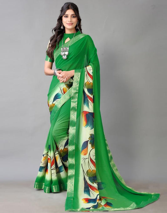Green Printed Chiffon Saree