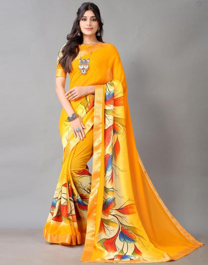 Yellow Printed Chiffon Saree