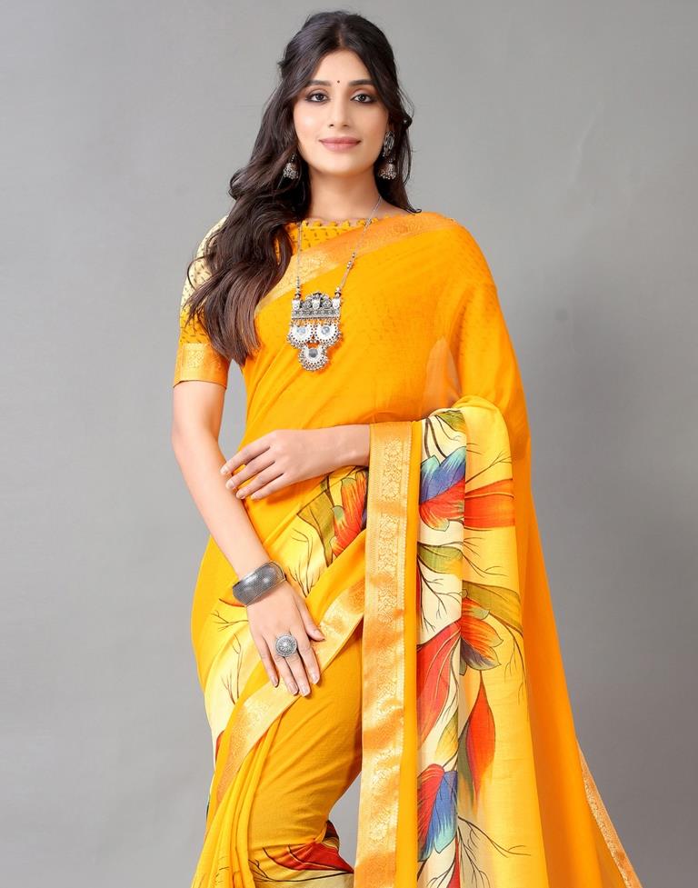 Yellow Printed Chiffon Saree