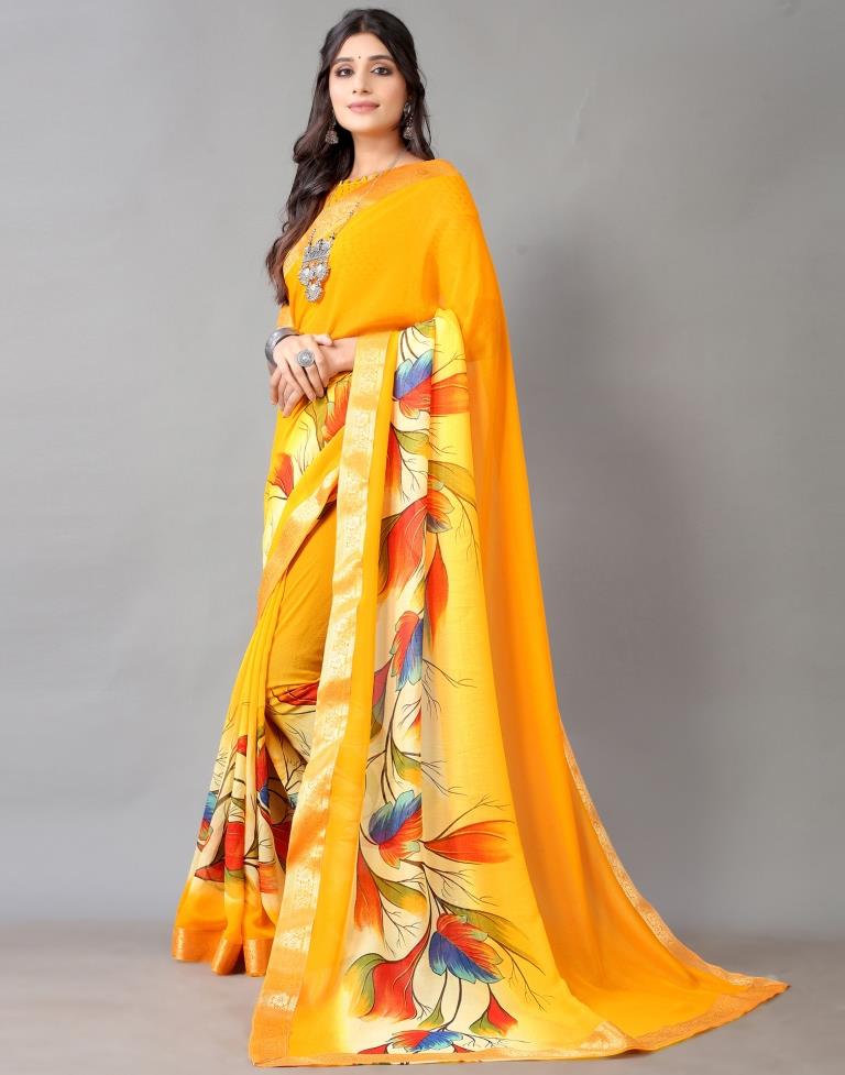 Yellow Printed Chiffon Saree