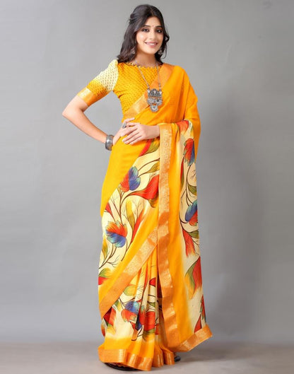 Yellow Printed Chiffon Saree