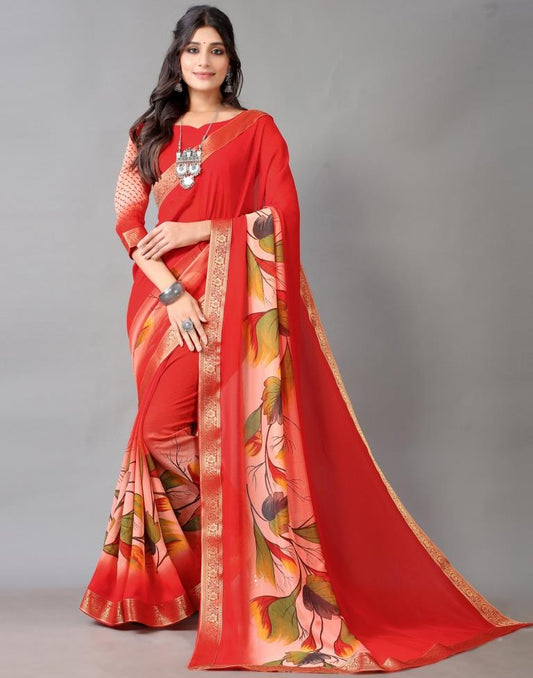 Red Printed Chiffon Saree