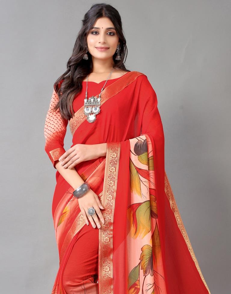 Red Printed Chiffon Saree