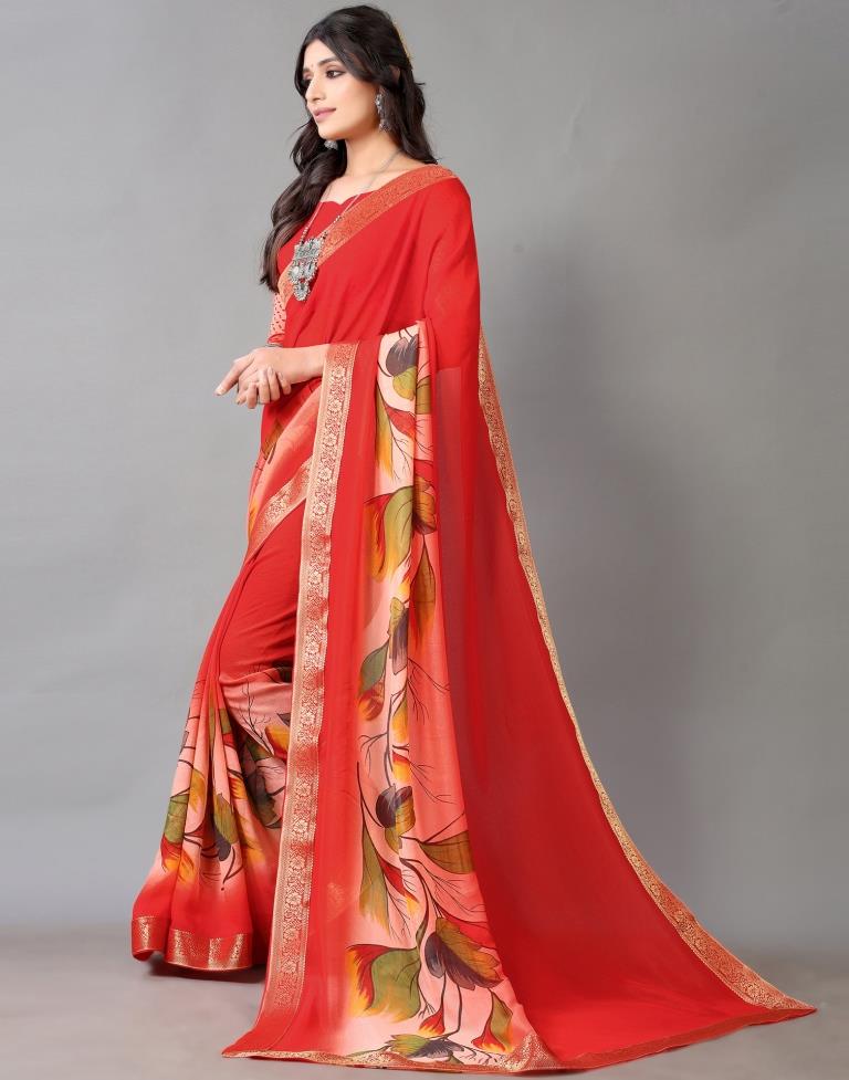 Red Printed Chiffon Saree