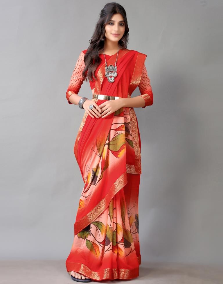 Red Printed Chiffon Saree