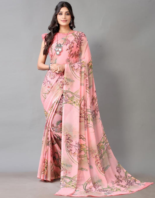 Rose Pink Printed Chiffon Saree
