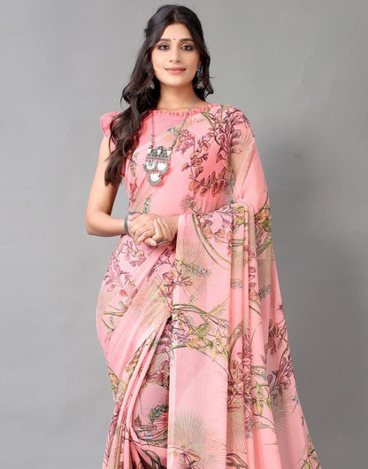 Rose Pink Printed Chiffon Saree
