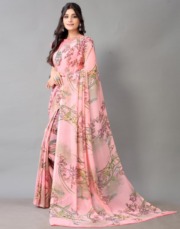 Rose Pink Printed Chiffon Saree