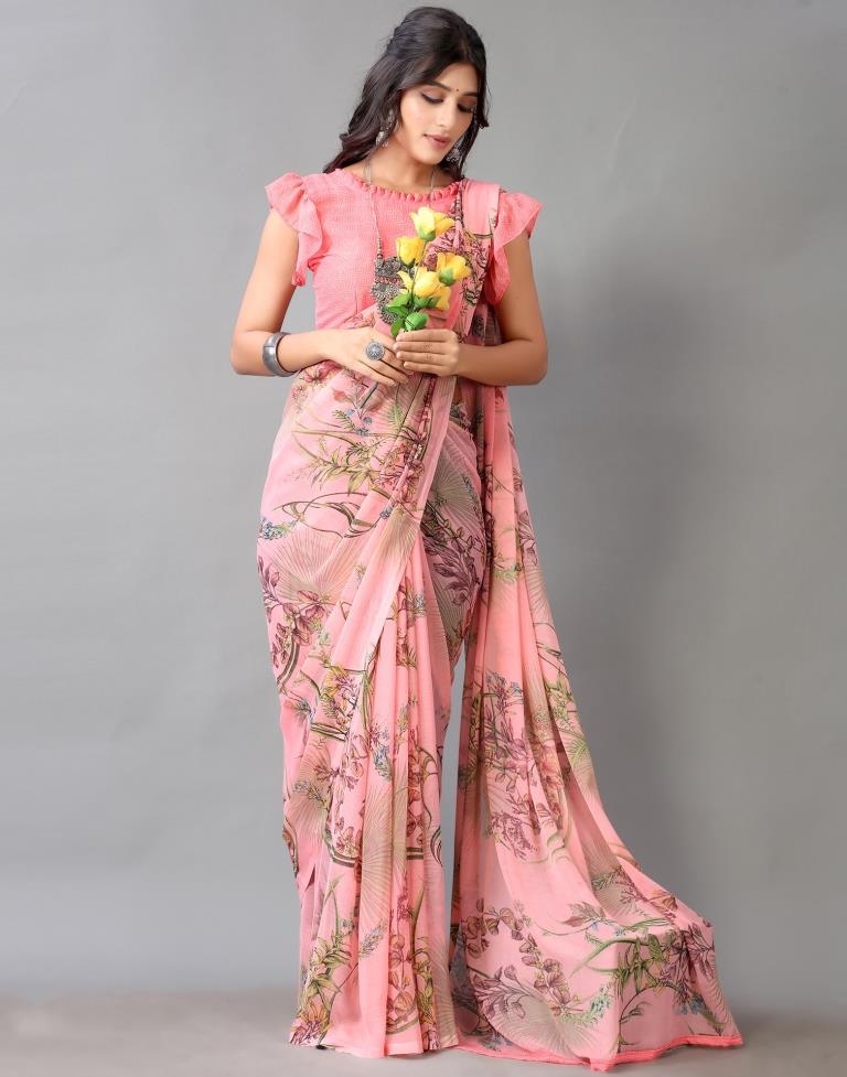 Rose Pink Printed Chiffon Saree