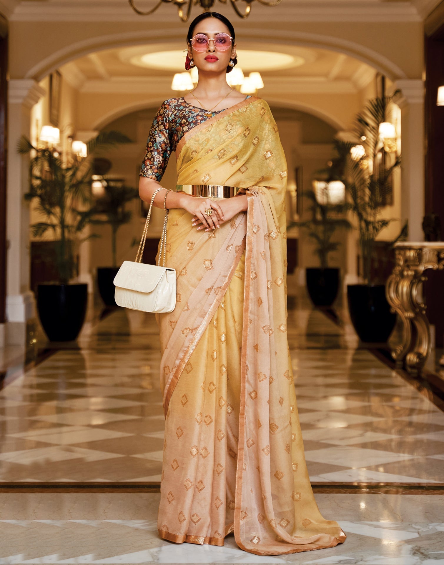 Light Brown And Golden Chiffon Saree | Sudathi