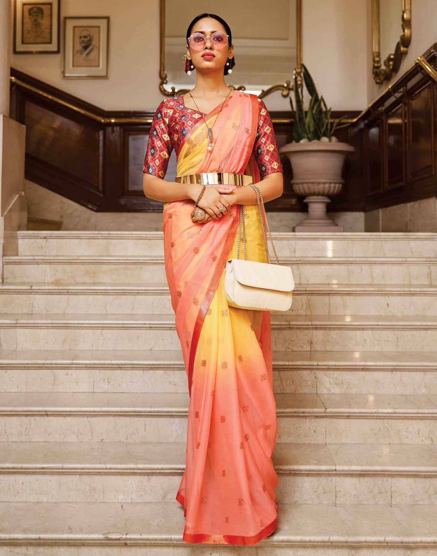 Peach And Yellow Chiffon Saree | Sudathi
