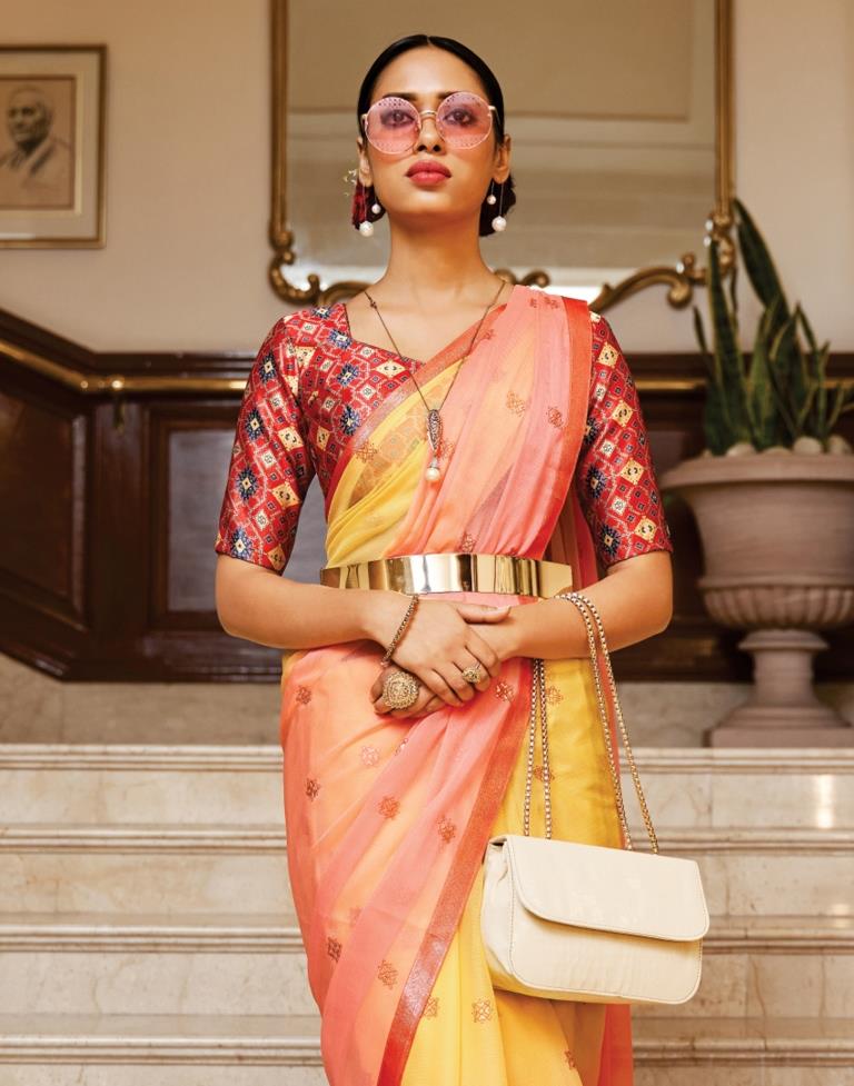 Peach And Yellow Chiffon Saree | Sudathi