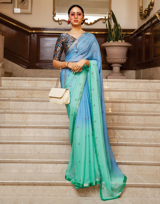 Turquoise Blue And Light Blue Chiffon Saree | Sudathi