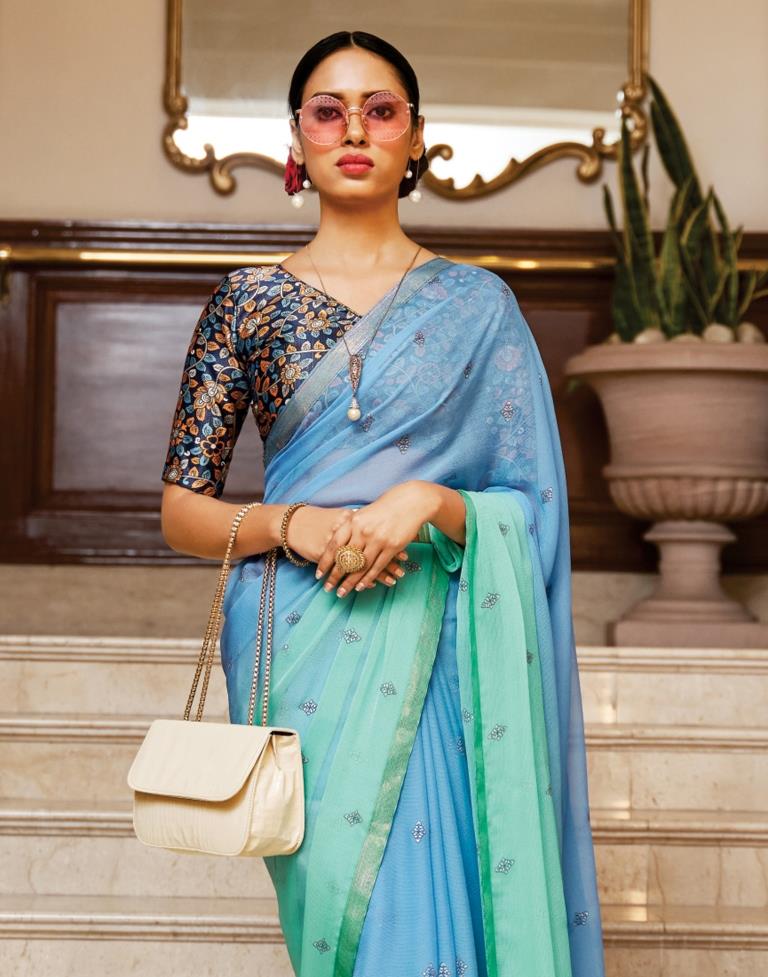 Turquoise Blue And Light Blue Chiffon Saree | Sudathi