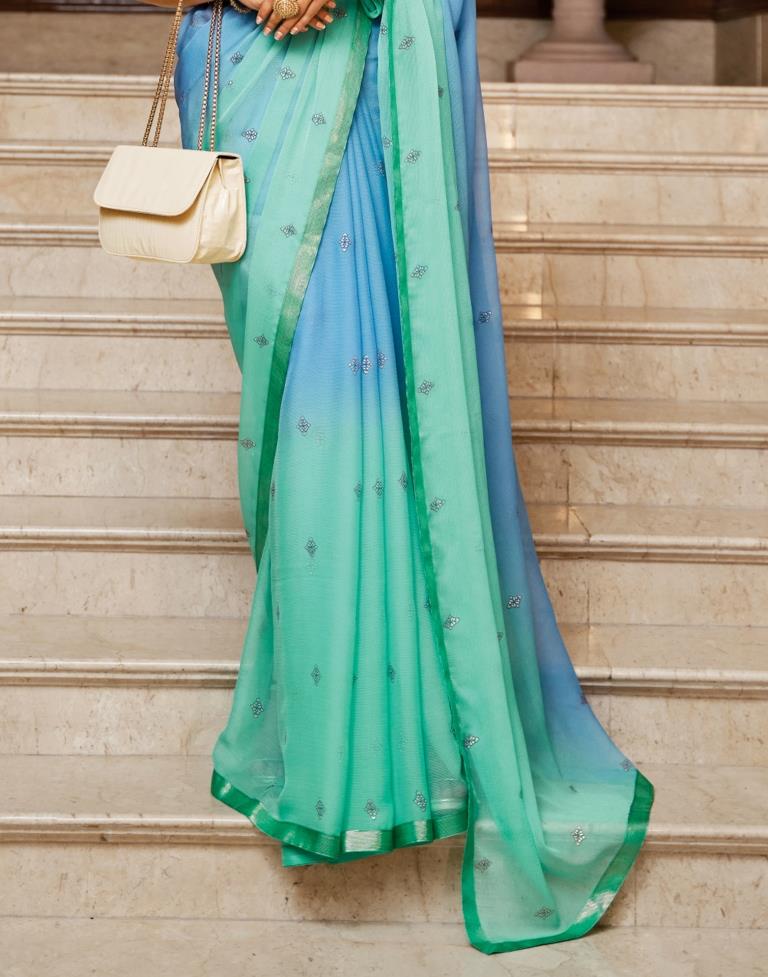 Turquoise Blue And Light Blue Chiffon Saree | Sudathi