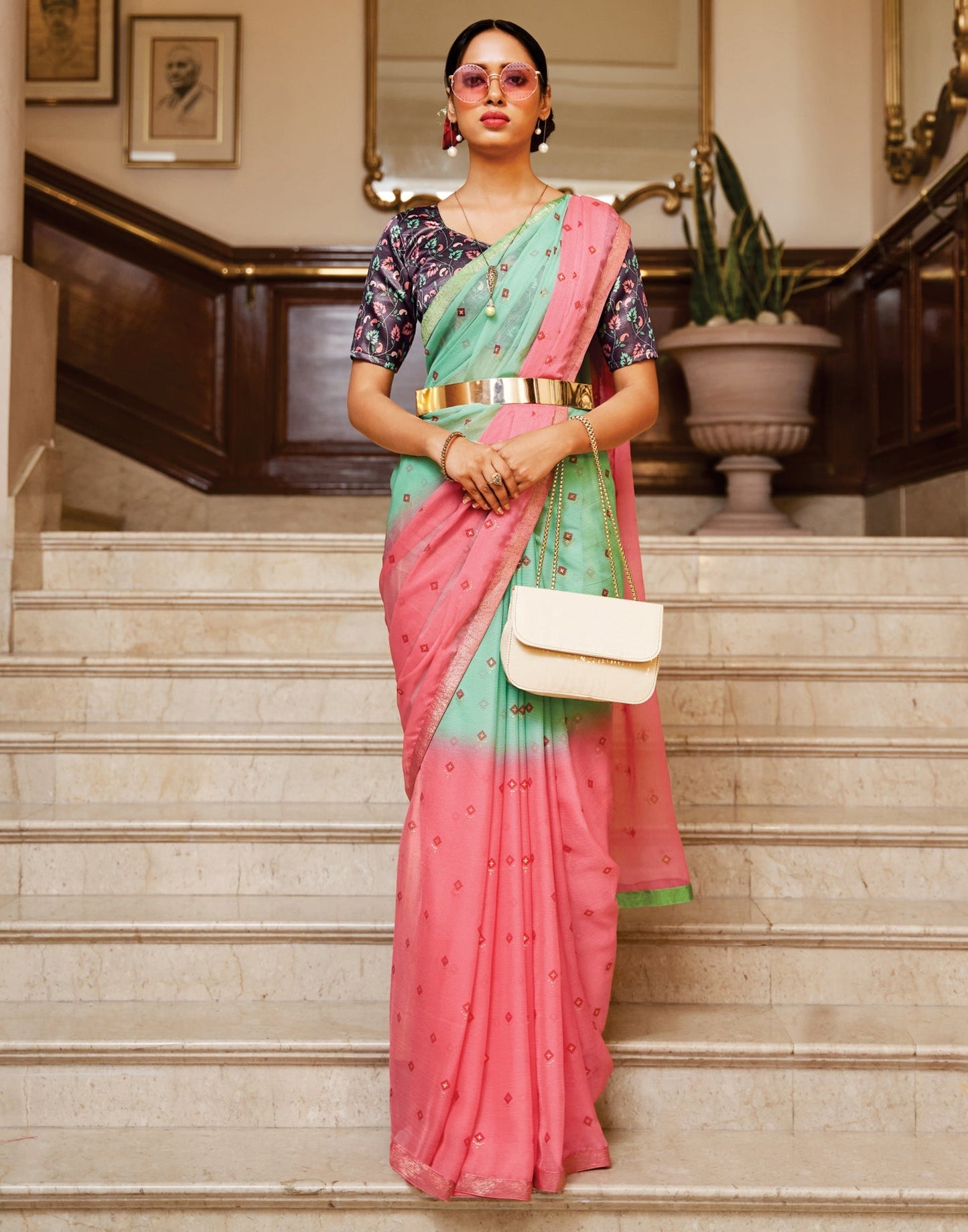 Pista Green And Pink Chiffon Saree | Sudathi