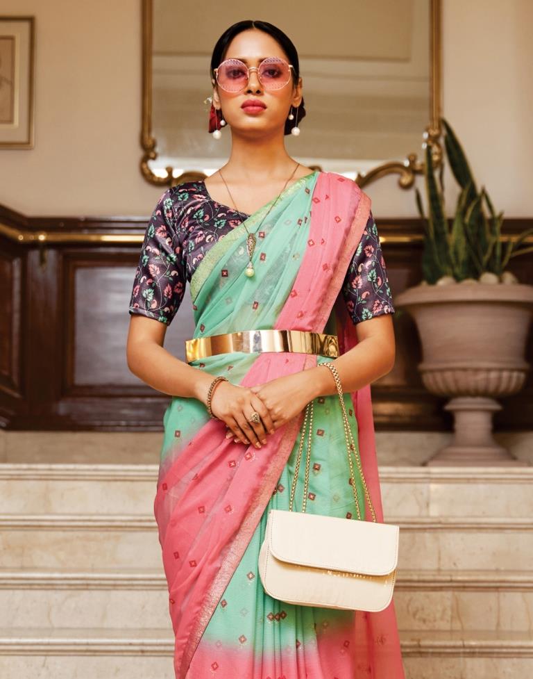 Pista Green And Pink Chiffon Saree | Sudathi