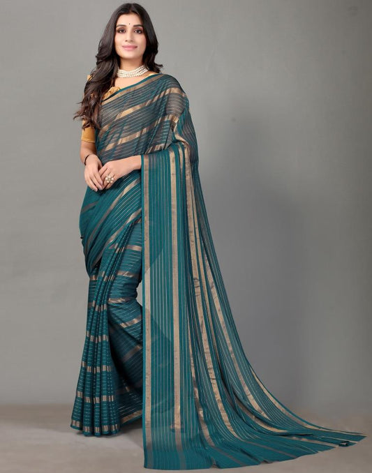 Teal Blue Self Woven Chiffon Saree