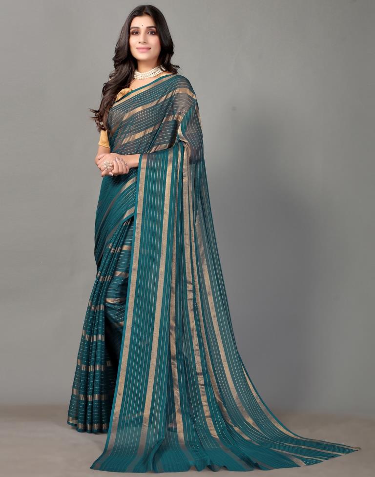 Teal Blue Self Woven Chiffon Saree