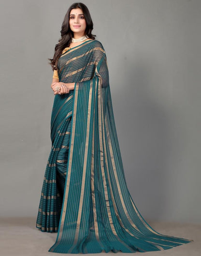 Teal Blue Self Woven Chiffon Saree
