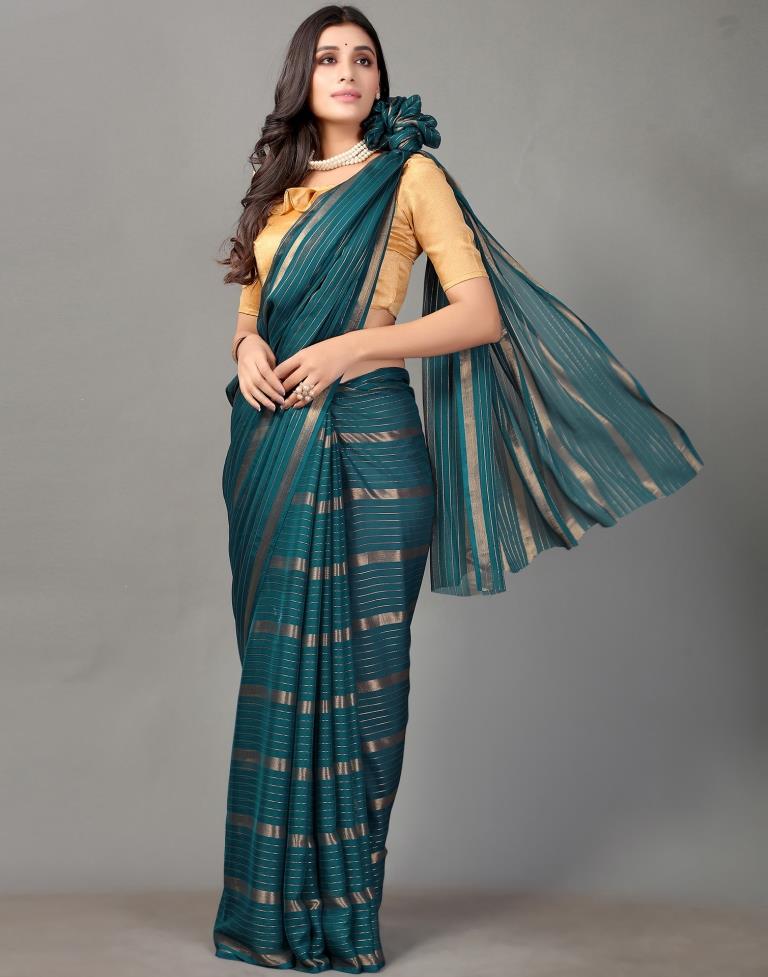 Teal Blue Self Woven Chiffon Saree