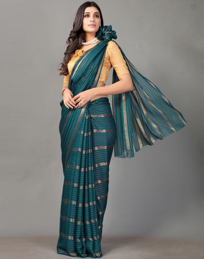 Teal Blue Self Woven Chiffon Saree