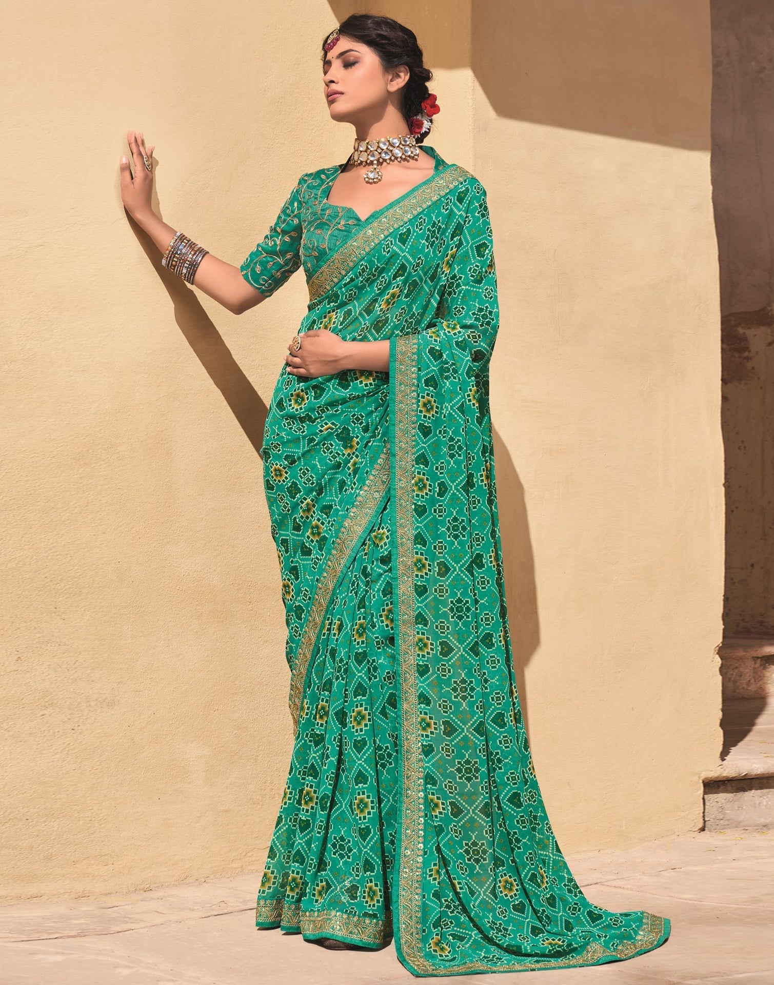 Light Aqua Green And Multicolored Patola Saree | Sudathi