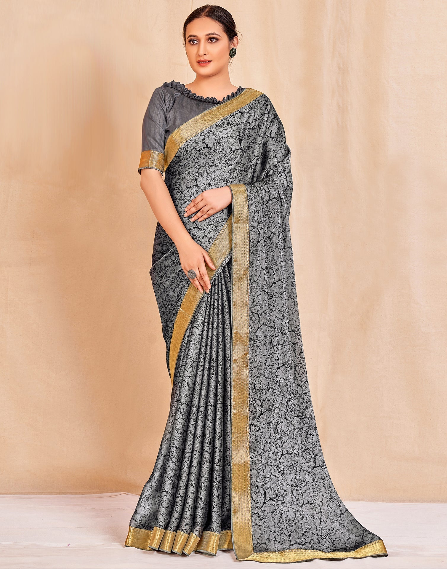 Grey And Black Chiffon Saree | Sudathi