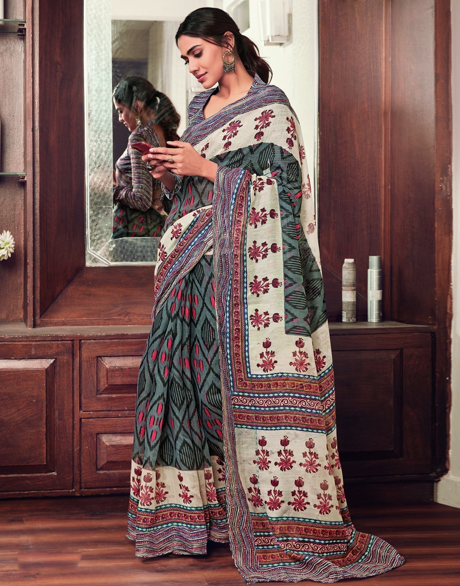 Grey And Multicolored Cotton Saree | Sudathi
