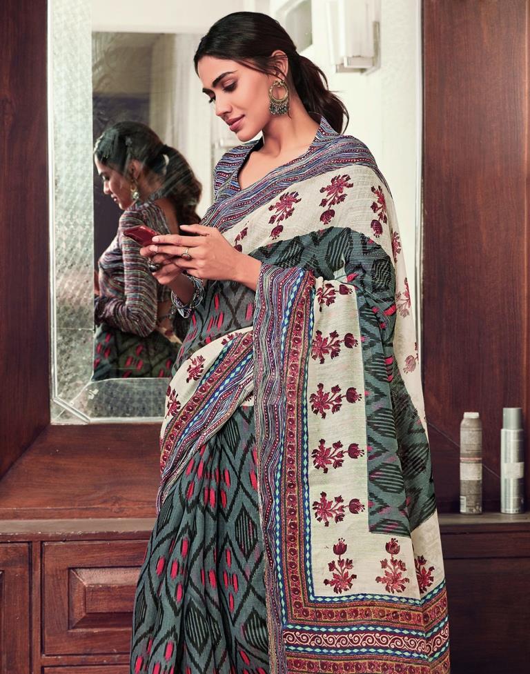 Grey And Multicolored Cotton Saree | Sudathi