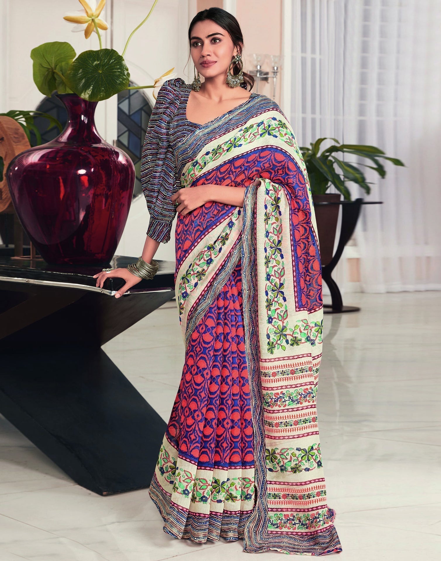 Watermelon Pink And Multicolored Cotton Saree | Sudathi