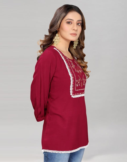Maroon Coloured Diva Slub Mill Dyed Top | Leemboodi