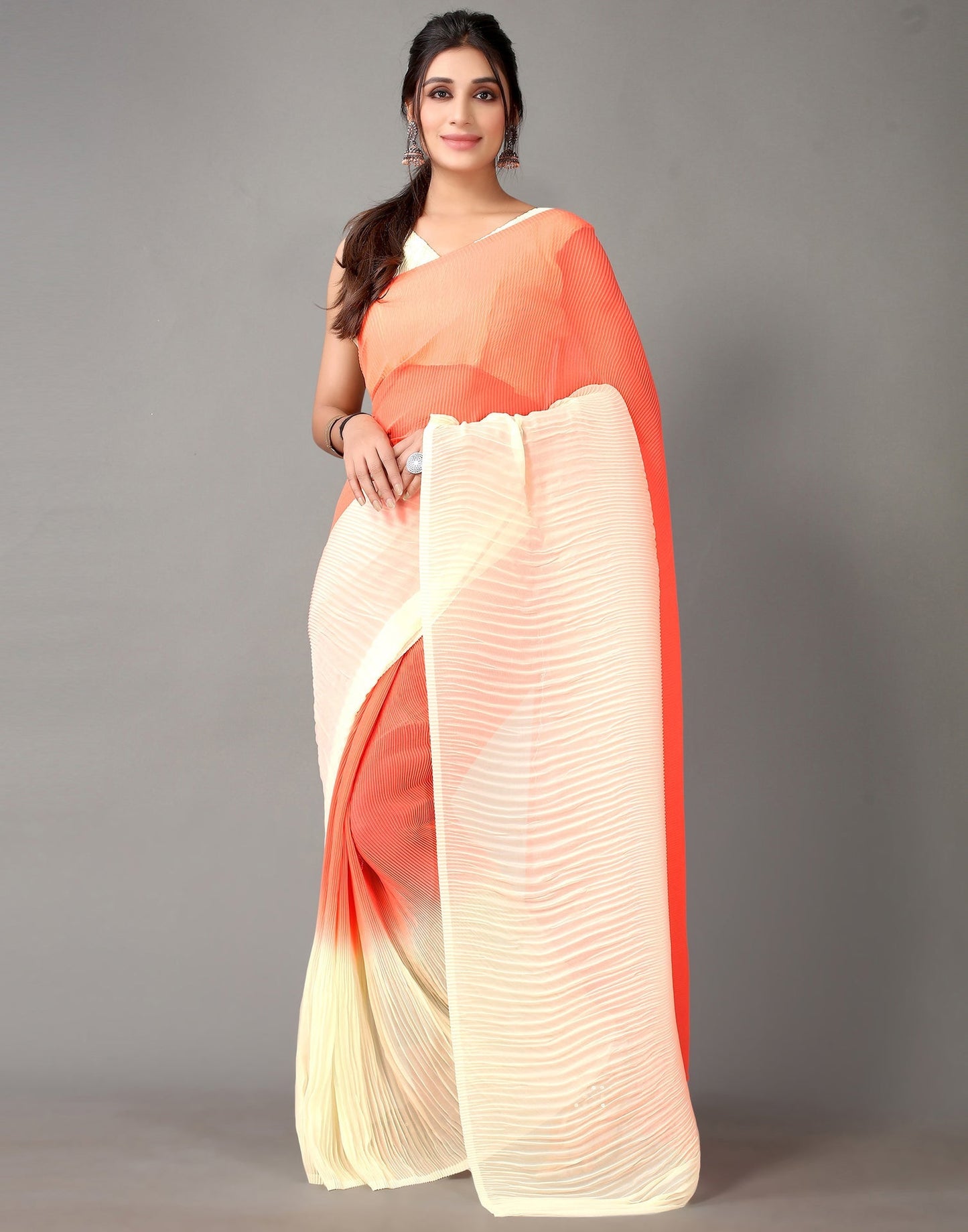 Coral And Cream Georgette Saree | Sudathi