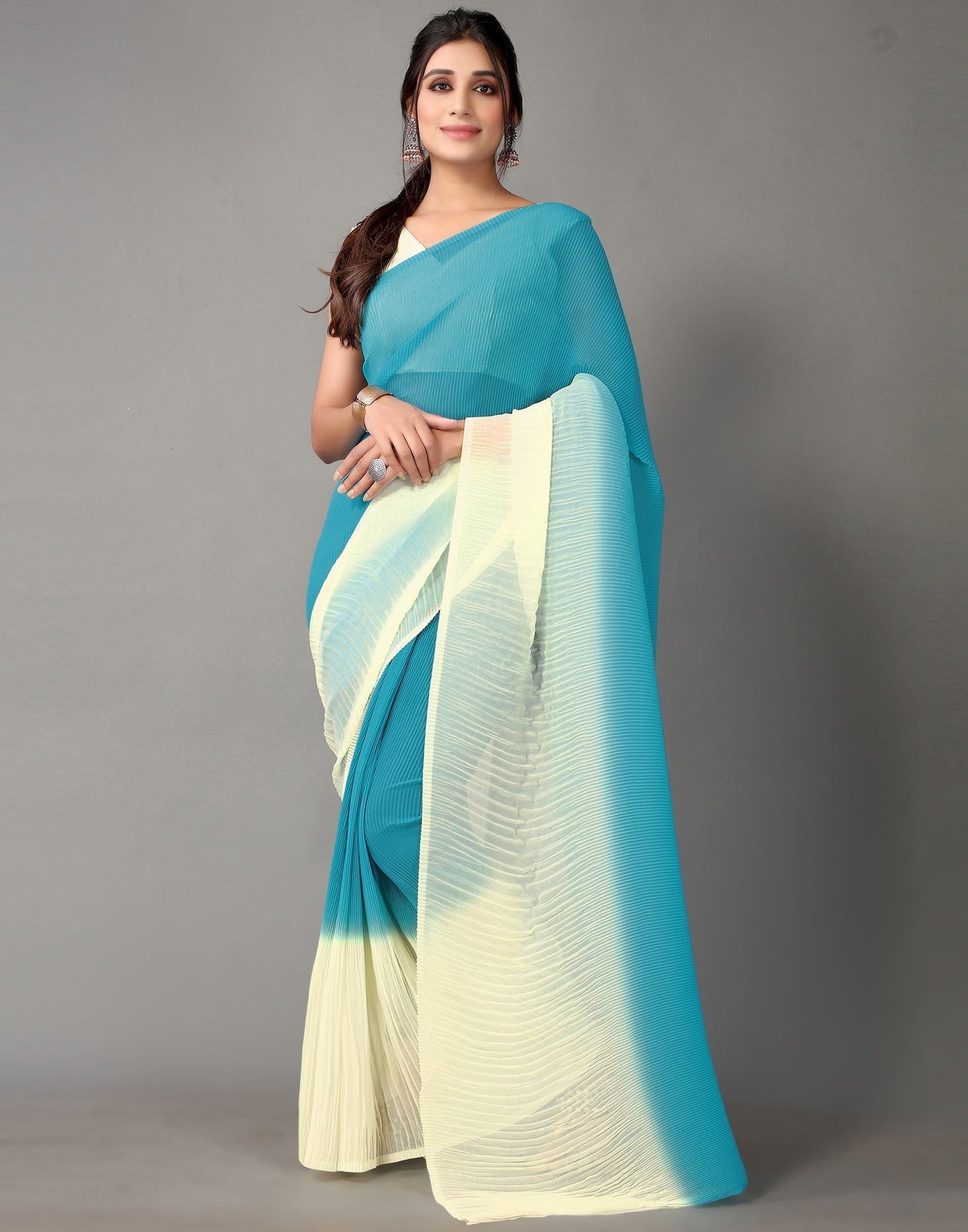 Sky Blue And Cream Georgette Saree | Sudathi