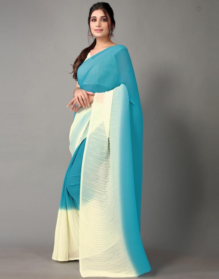 Sky Blue And Cream Georgette Saree | Sudathi