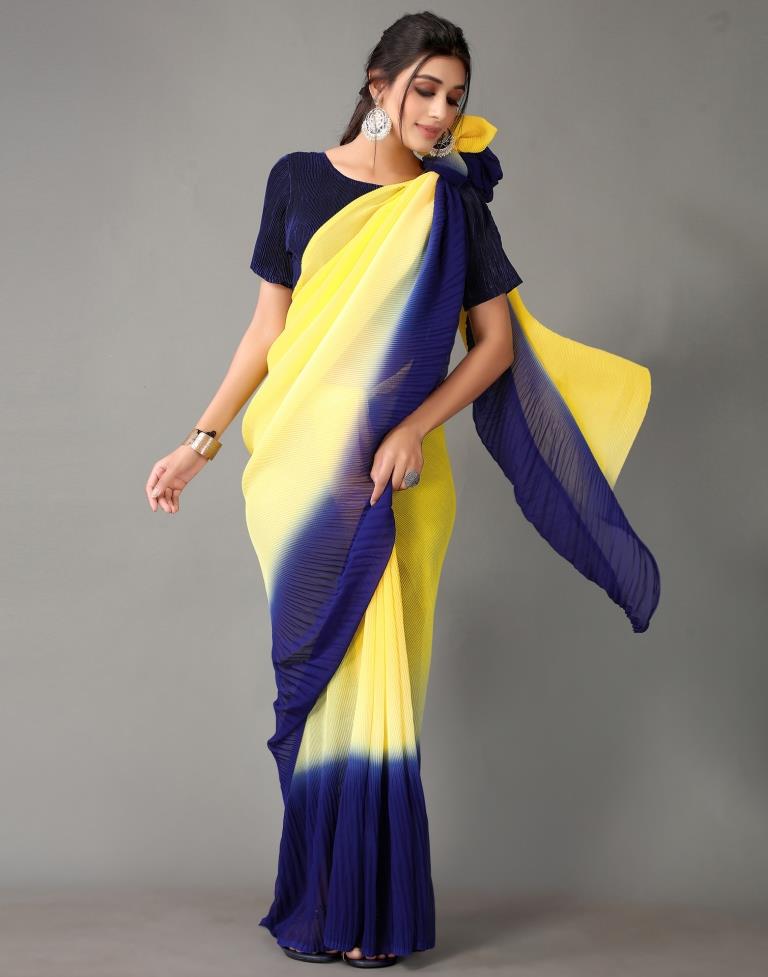 Yellow And Navy Blue Georgette Saree | Sudathi