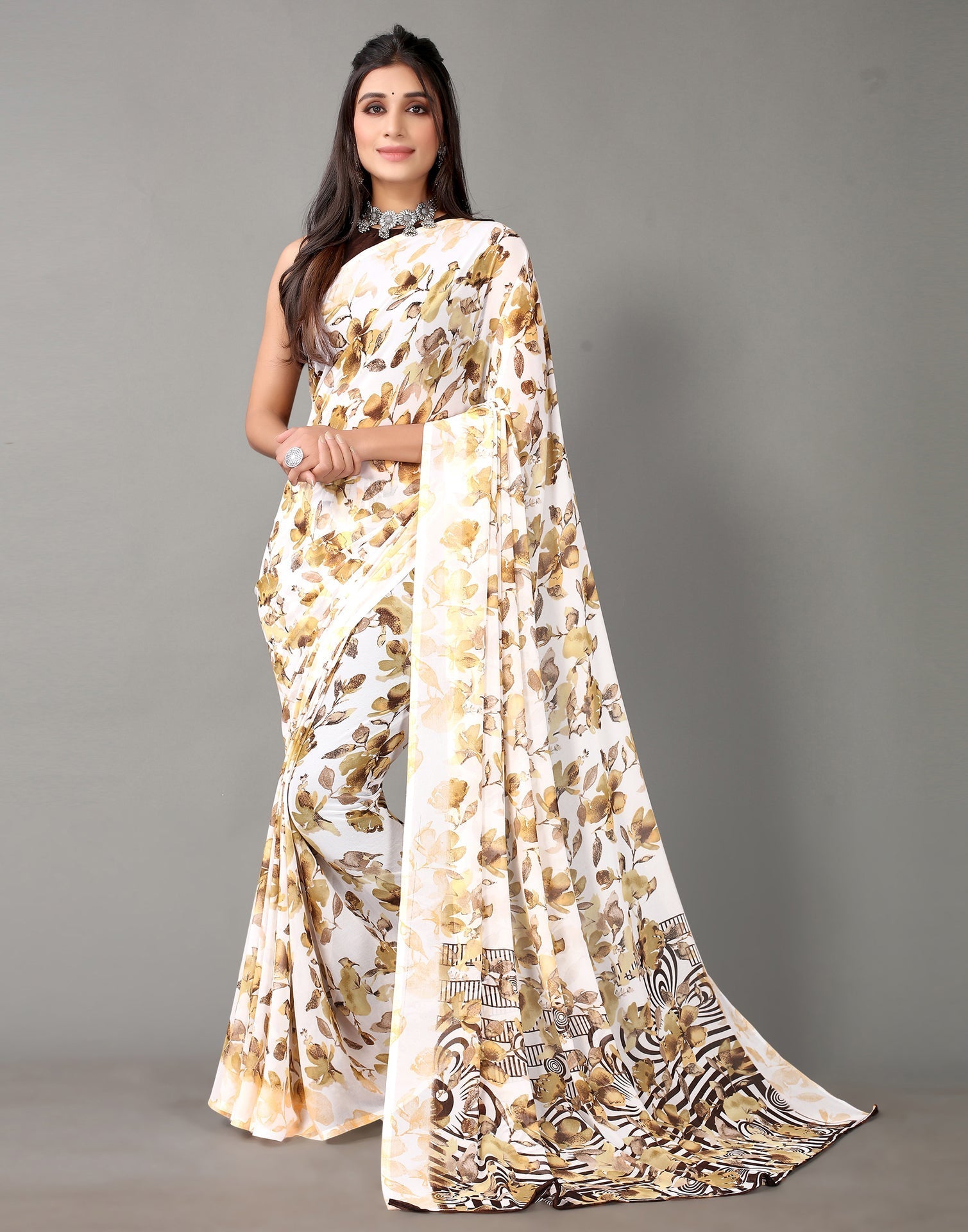 White And Multicolored Georgette Saree | Sudathi