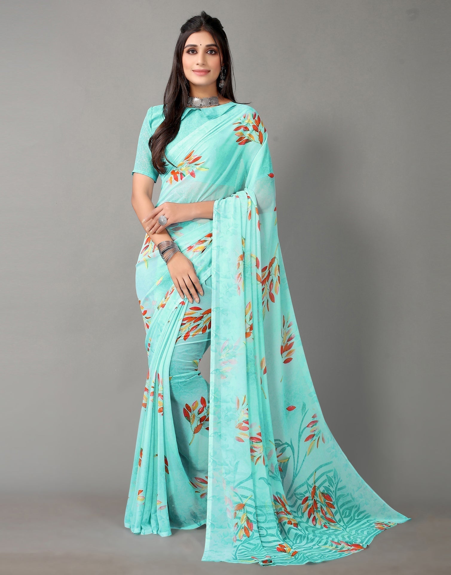 Light Aqua Blue And Multicolored Georgette Saree | Sudathi