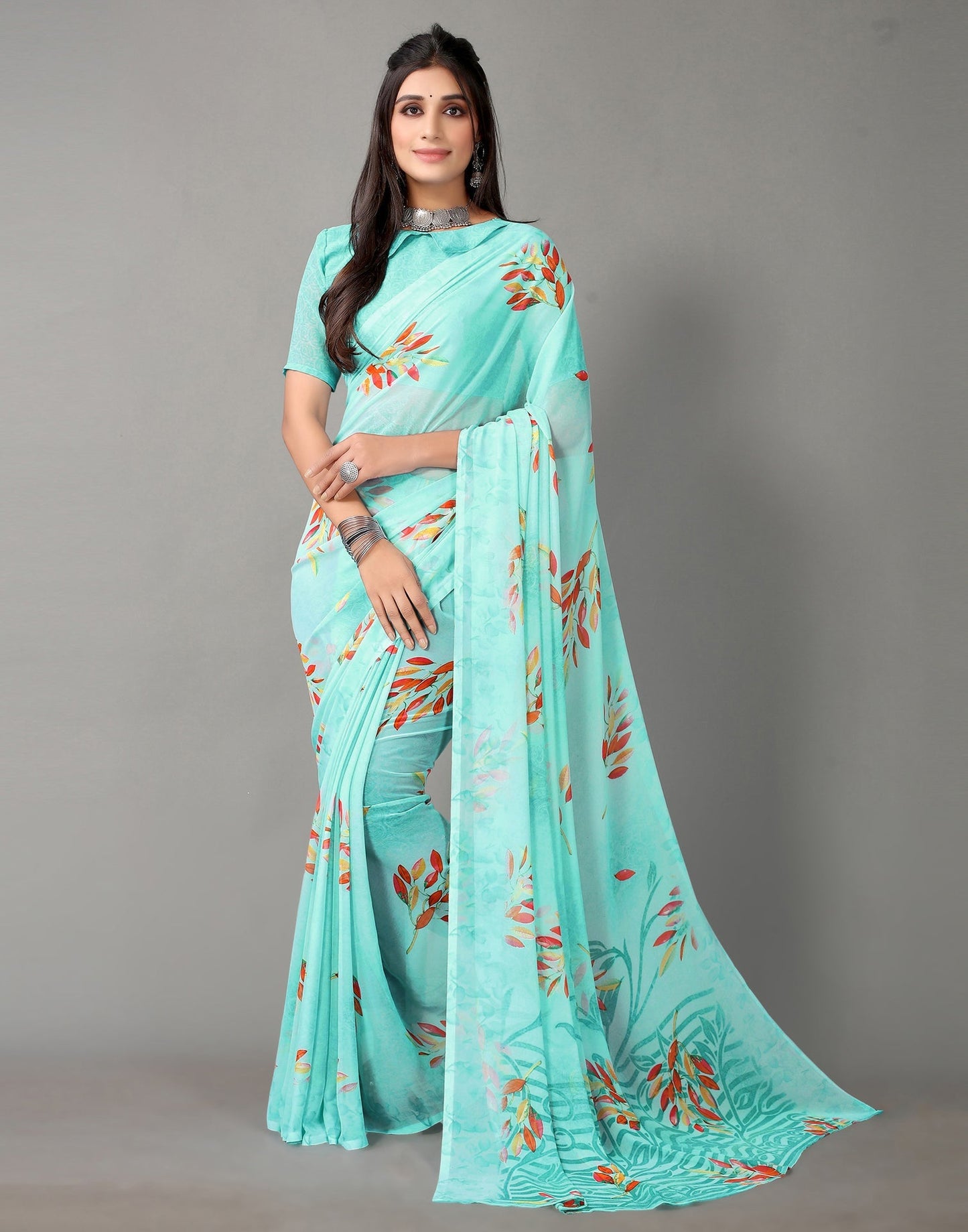 Light Aqua Blue And Multicolored Georgette Saree | Sudathi